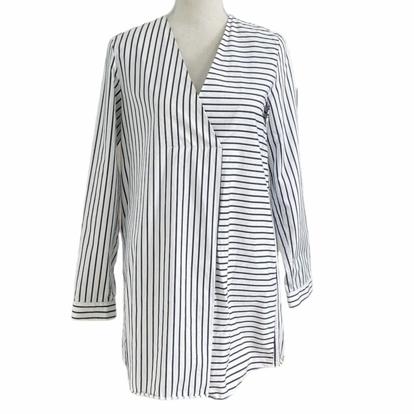 COS WHITE NAVY NAUTICAL STRIPED LONG SLEEVE V-NECK TUNIC BLOUSE - 2 - Picture 1 of 7